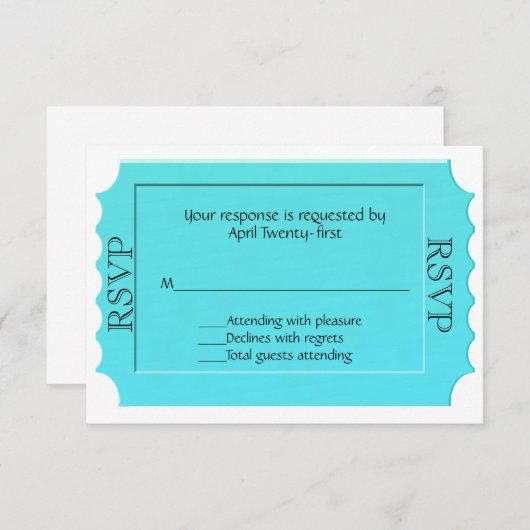 Bright Turquoise Ticket RSVP-reactiekaart RSVP Kaartje (Voorkant / Achterkant)