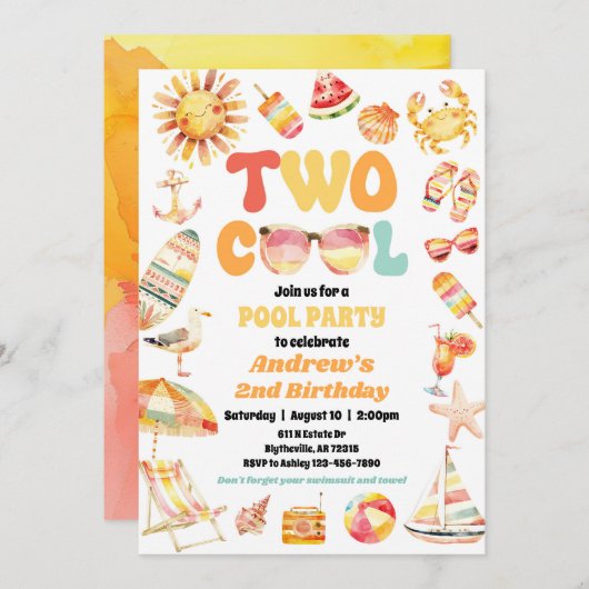 Bright Two Cool Birthday Pool Party uitnodiging (Voorkant / Achterkant)