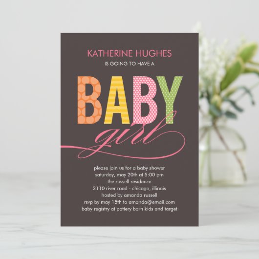 Bright Type Baby shower Uitnodiging - Meisje (Staand voorkant)
