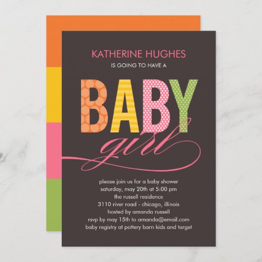 Bright Type Baby shower Uitnodiging - Meisje (Voorkant / Achterkant)
