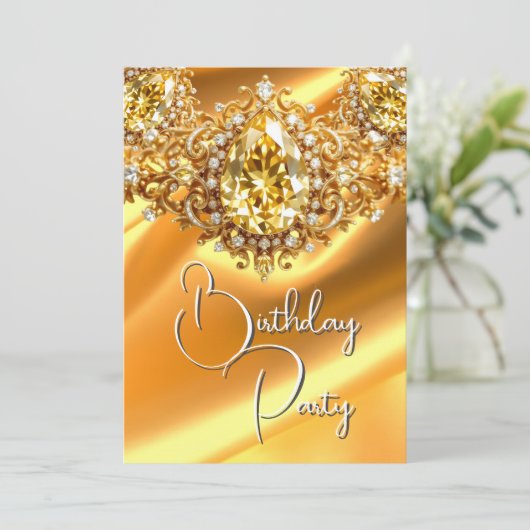Bright Verjaardag Party Zijdegeel juweel Goud Kaart (Staand voorkant)