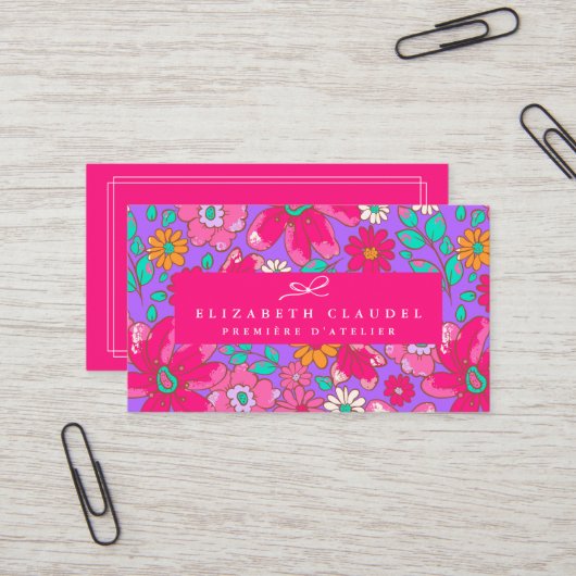 Bright Violet Paarse en Hot Pink Floral Visitekaartje (Voorkant / Achterkant in situ)