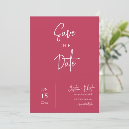 Bright Viva Magenta Modern Boho Save the Date Kaart (Staand voorkant)