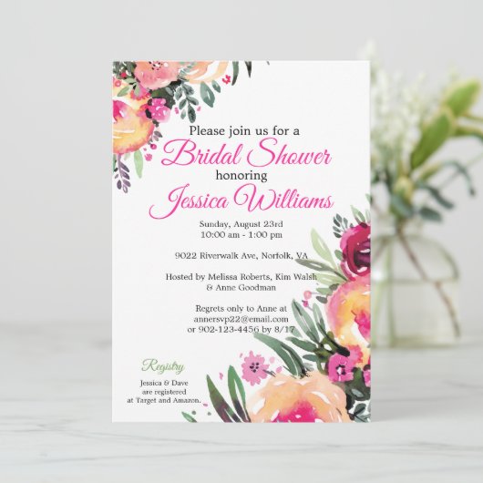 Bright Waterverf Bloemen Bruids Douche Uitnodiging (Staand voorkant)