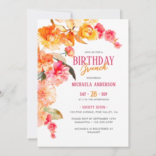 Bright Waterverf Bloemen Verjaardag Brunch/Luncheo Kaart (Voorkant)