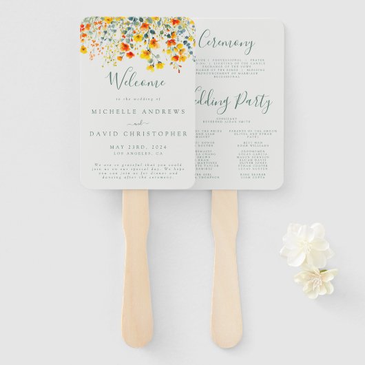Bright Waterverf bloemenbruiloft programma Handwaaier (Voorkant en achterkant)