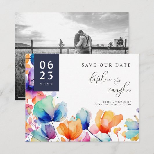 Bright Waterverf bloemenfoto bewaar de datum Save The Date (Voorkant / Achterkant)