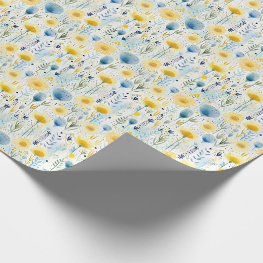 Bright Waterverf Bloemengeel en Blauw Botanisch Cadeaupapier (Hoek)