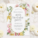Bright Waterverf Floral 40e verjaardagsfeestje Kaart<br><div class="desc">Een prachtig vrouwelijke verjaardagsfeestuitnodiging met een sierlijk waterverf bloemenlijst in vrolijke kleuren van geel, roze, wit en groen maken deze uitnodigings pop met stijlvolle charme. Trendy type gezicht paringen bevatten een chique titel in lager hoesje lettertype in combinatie met moderne sans serif. De naam van de eregast wordt gespeld in...</div>
