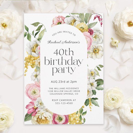 Bright Waterverf Floral 40e verjaardagsfeestje Kaart