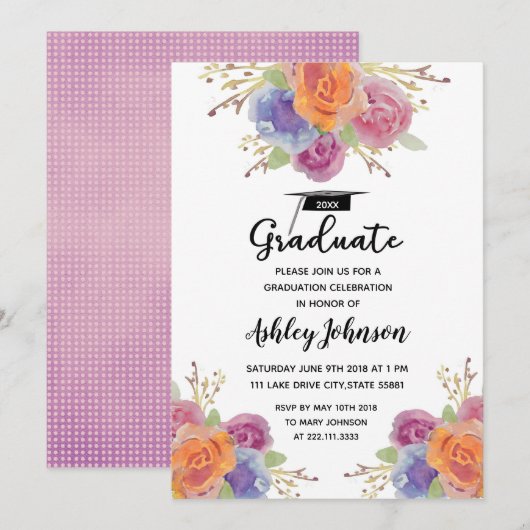 Bright Waterverf Floral Afstuderen Invitation Kaart (Voorkant / Achterkant)