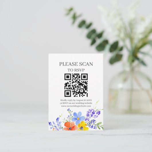 Bright Waterverf Flowers QR Code & RSVP Wedding Informatiekaartje (Staand voorkant)