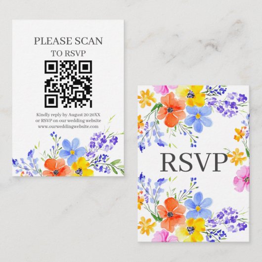 Bright Waterverf Flowers QR Code & RSVP Wedding Informatiekaartje (Voorkant / Achterkant)