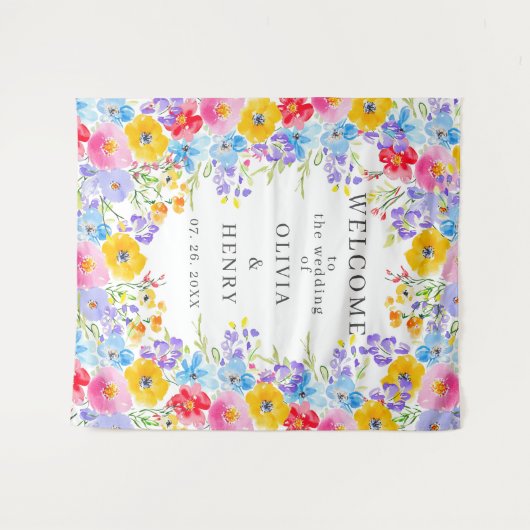 Bright Waterverf Flowers Welkom bruiloft Wandkleed (Voorkant (horizontaal))