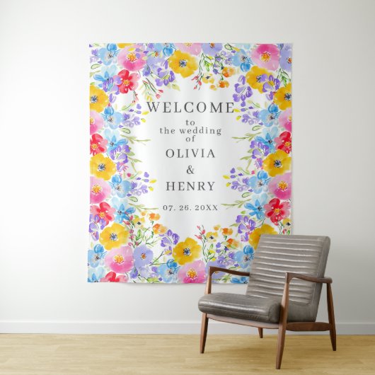 Bright Waterverf Flowers Welkom bruiloft Wandkleed (In situ)