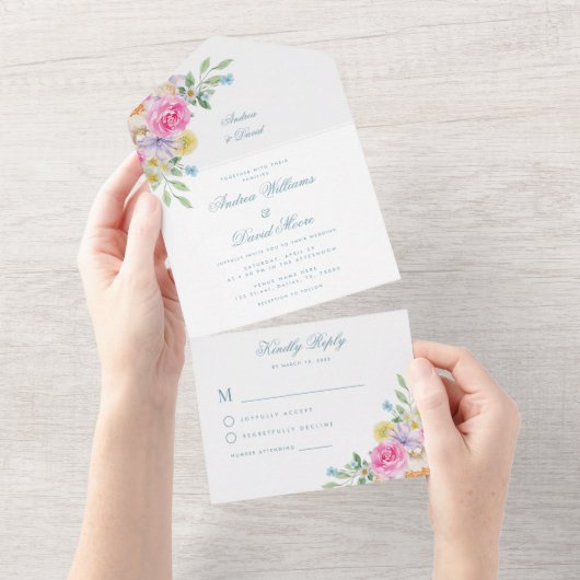Bright Waterverf Tuin Bloemen Zomer Huwelijk All In One Uitnodiging (Afscheurbaar)