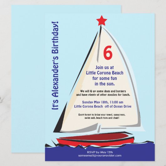 Bright Whimsical Sailboat Invitation Kaart (Voorkant / Achterkant)