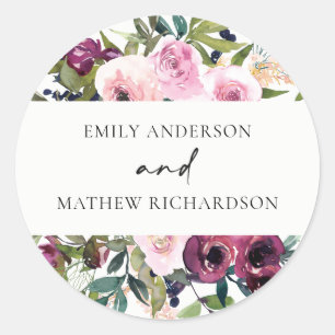 BRIGHT WHITH BURGUNDY FLORAL BUNCH WEDING RONDE STICKER