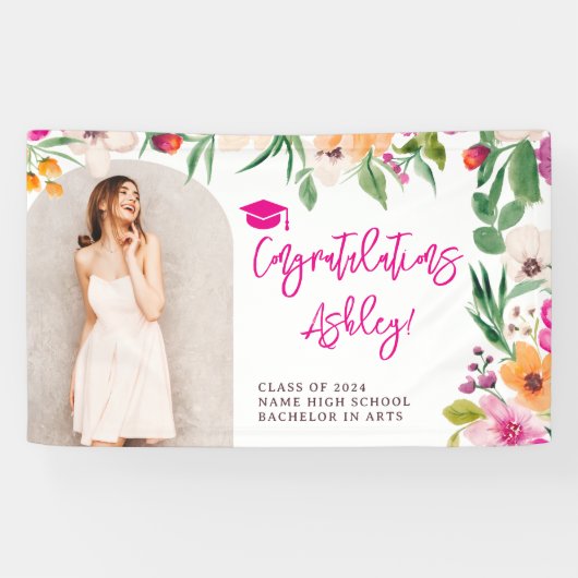 Bright wilde bloemen roze bloemig afstuderen gefel spandoek (Horizontaal)