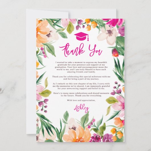 Bright wilde bloemen script floraal afstuderen bedankkaart (Voorkant)