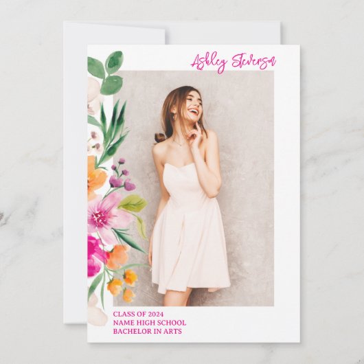 Bright wilde bloemen script foto afstuderen kaart (Achterkant)