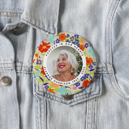 Bright Wildflower Memorial Photo Frame with Text Ronde Button 4,0 Cm (In situ)