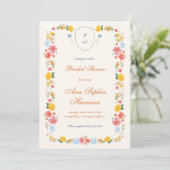 Bright Wildflowers Crest Monogram Vrijgezellenfees Kaart (Staand voorkant)