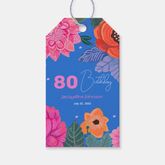 Bright Wildflowers Roze Blauw Verjaardagsfeest Cadeaulabel (Voorkant)