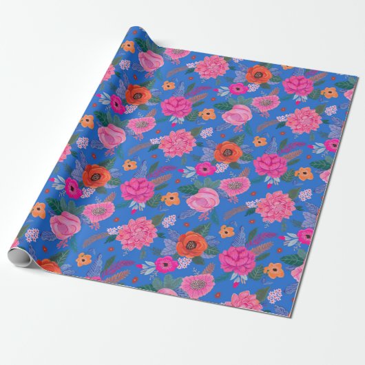 Bright Wildflowers Roze Blauw Verjaardagsfeest Cadeaupapier (Uitgerold)
