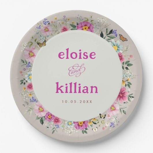 Bright Wildflowers Vlinders bruiloft Papieren Bordje (Voorkant)