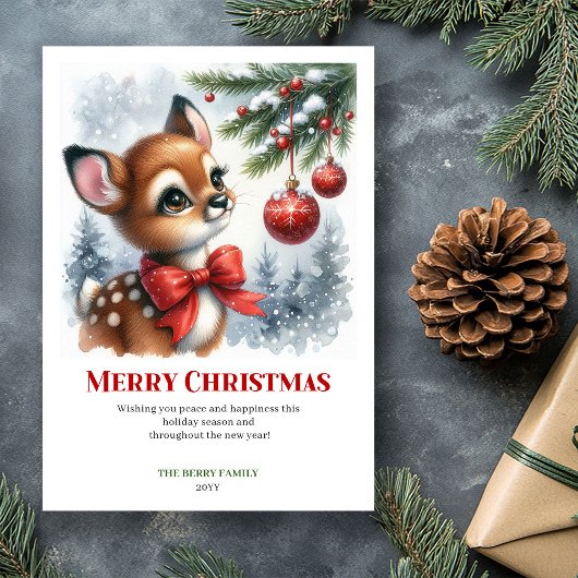 Bright Winter Fawn Watercolor Christmas Greeting   Feestdagenkaart
