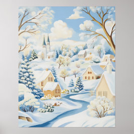 Bright Winter Village met besneeuwde heuvels en bo Poster