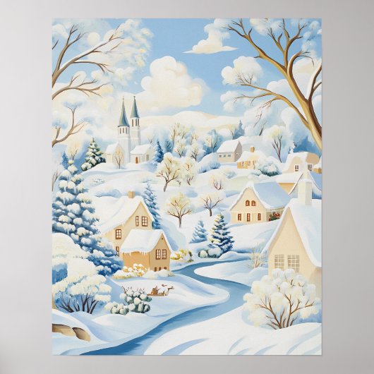 Bright Winter Village met besneeuwde heuvels en bo Poster (Voorkant)