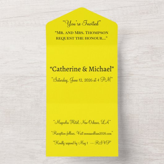 Bright Yellow Background – Minimal Wedding Art All In One Uitnodiging (Binnen)