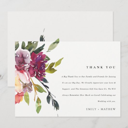 BRIGHT YELLOW BLUSH BURGUNDY FLORAL BUNCH WEDING BEDANKKAART (Voorkant / Achterkant)