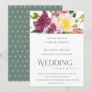 BRIGHT YELLOW BLUSH BURGUNDY FLORAL BUNCH WEDING KAART