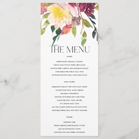 BRIGHT YELLOW BLUSH BURGUNDY FLORAL BUNCH WEDING MENU (Voorkant)