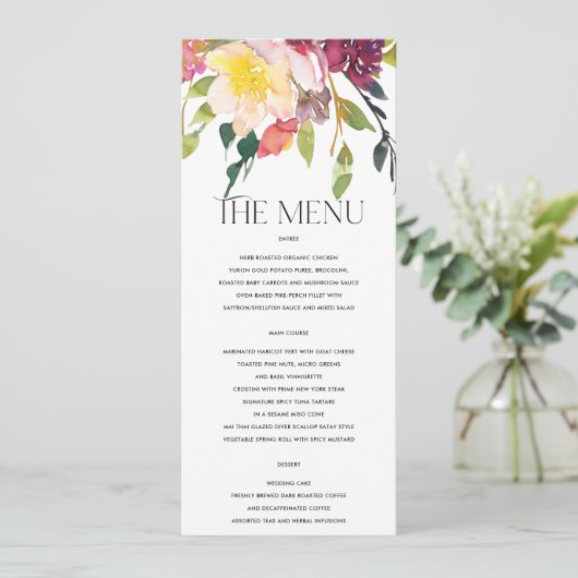 BRIGHT YELLOW BLUSH BURGUNDY FLORAL BUNCH WEDING MENU (Staand voorkant)