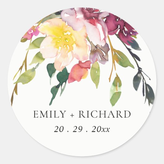 BRIGHT YELLOW BLUSH BURGUNDY FLORAL BUNCH WEDING RONDE STICKER (Voorkant)
