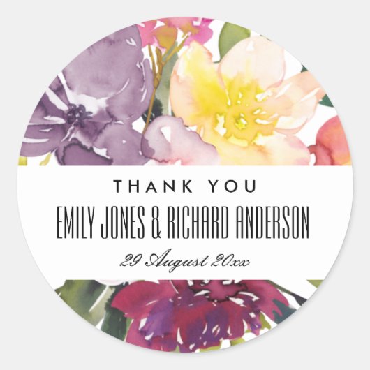 BRIGHT YELLOW BLUSH BURGUNDY FLORAL DANK U RONDE STICKER (Voorkant)
