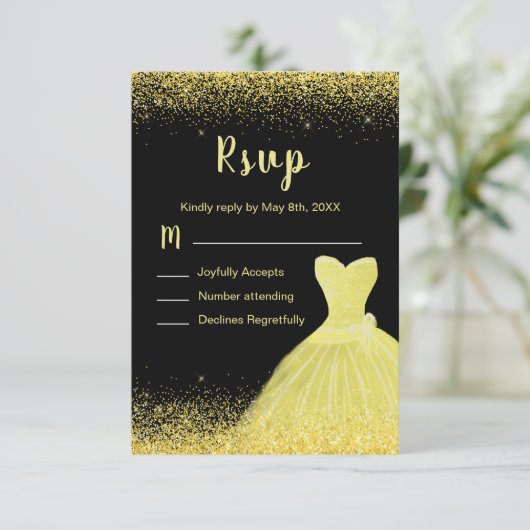 Bright Yellow Dress Faux Glitter Quinceanera RSVP Kaartje (Staand voorkant)
