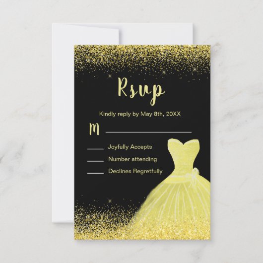 Bright Yellow Dress Faux Glitter Sweet 16 Birthday RSVP Kaartje (Voorkant)