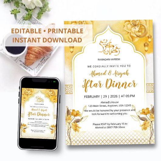 Bright Yellow Floral & Gold Arch Ramadan Iftar Inv Kaart