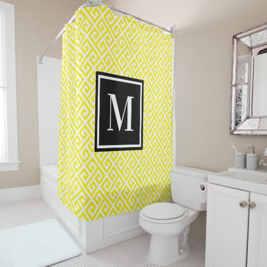 Bright Yellow Greek Key Black White Monogram Douchegordijn (In situ)