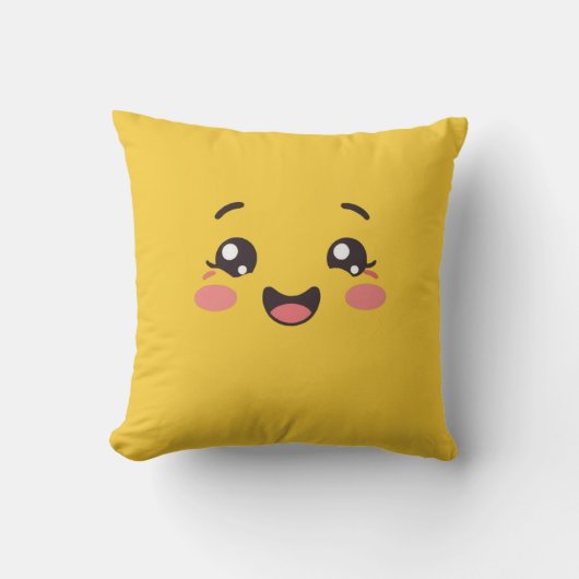 Bright Yellow Kawaii Smiling Face Throw Pillow Kussen (Voorkant)