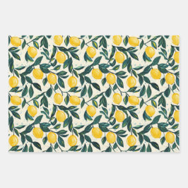 Bright Yellow Lemon Patroon set van 3 Inpakpapier Vel