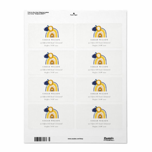 Bright Yellow Navy Boho Floral Rainbow-adres Etiket (Full Sheet)