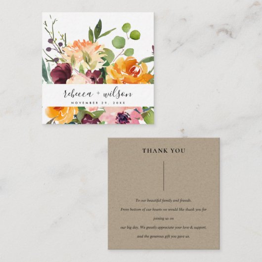 BRIGHT YELLOW ORANJE FLORA BUNCH WEDDING DANK U VIERKANTE VISITEKAARTJE (Voorkant / Achterkant)