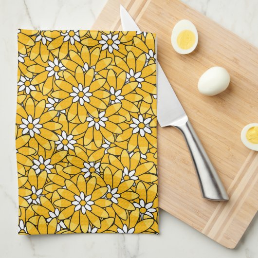 Bright Yellow Overlapping Floral Pattern Theedoek (Quarter Fold)