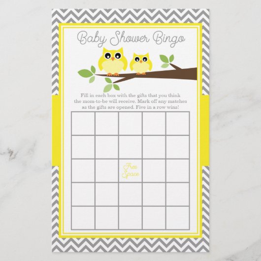 Bright Yellow Owl Grey Chevron Baby shower Bingo (Voorkant)
